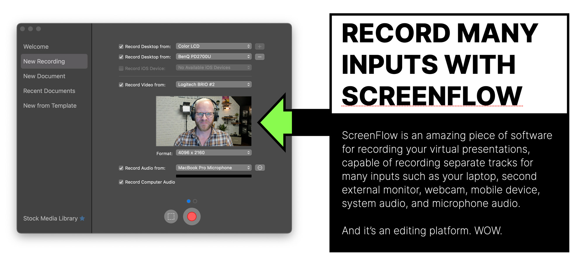 ScreenFlow lets you record many inputs such as multiple screens, webcam, system audio and microphone