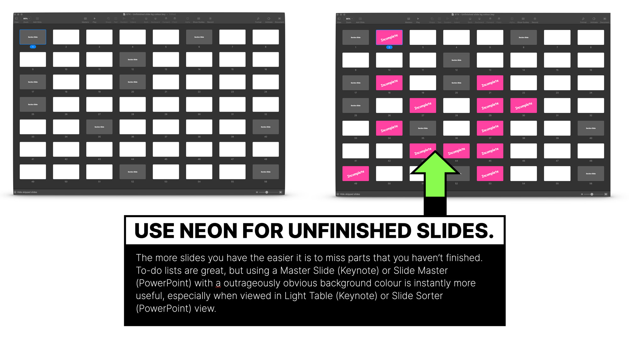 Use a bright background colour for your unfinished slides