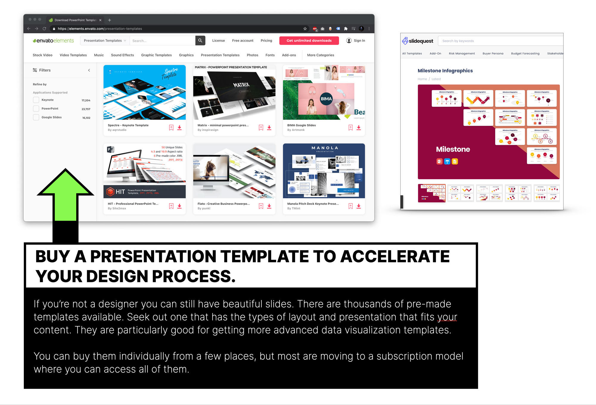Paid presentation templates are a great way to accelerate your slide design.