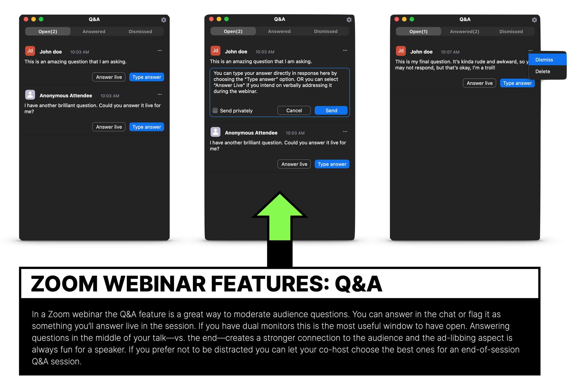Use the Q&A feature of Zoom webinars to curate audience questions
