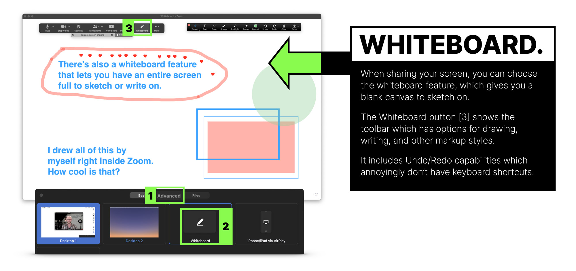 The Zoom whiteboard feature gives you a blank canvas whiteboard to sketch on for your audience.